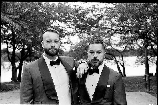 gay married men boys wedding tux tuxedo handsome beard gentlemen men boys portrait looking at camera posed bow tie ties collars eyes faces